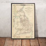 Mappa ferroviaria antica della Gran Bretagna di Tallis, 1850: Londra, Liverpool, Manchester, rotte dei battelli a vapore, bordi ornati 