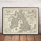 Antica mappa della Gran Bretagna e dell'Irlanda di Speed, 1676: Londra, Edimburgo, Dublino, Orcadi, mostri marini 