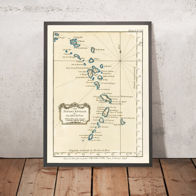 Old Map of the Lesser Antilles by Bellin, 1764: Barbados, Martinique, Guadeloupe, Antigua, Virgin Islands