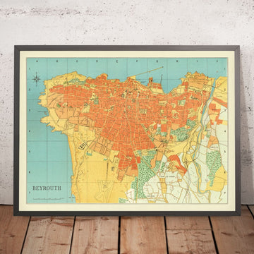 Mappa antica di Beirut, Libano 1949: Hotel Normandy, Ippodromo, Foresta di Pini, Porto di Beirut, Linee Ferroviarie 