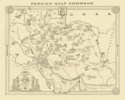 Mapa ilustrado antiguo de Irán realizado por el Comando del Golfo Pérsico, 1943: Teherán, Mar Caspio, Golfo Pérsico, Tejido de alfombras, Jardín del Edén