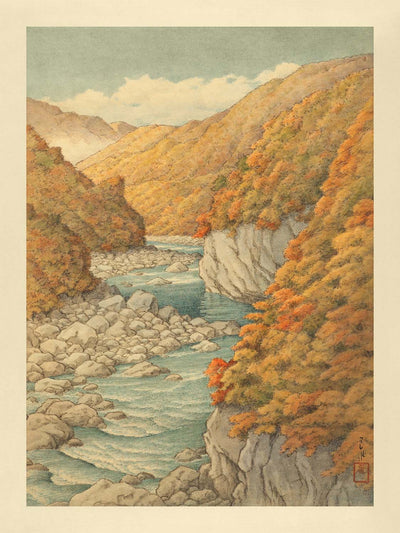 Autumn Trees and Rocky River by Hasui Kawase, 1935