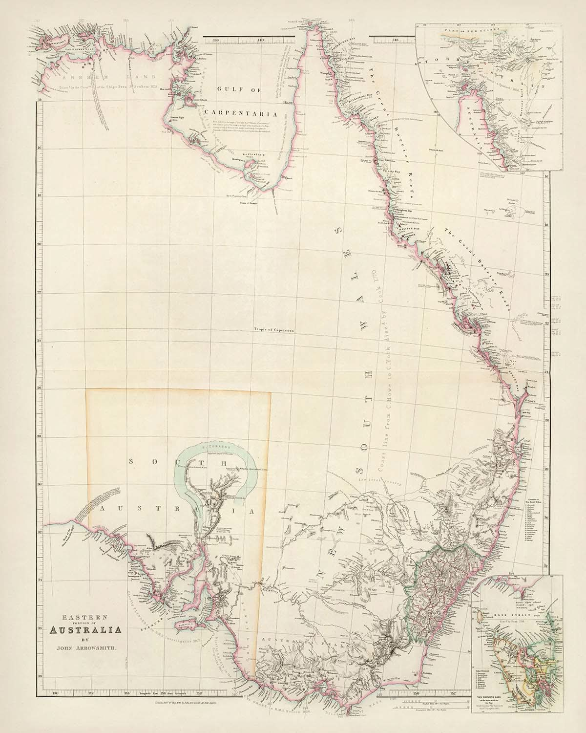 Old Map of Eastern Australia by Arrowsmith, 1844: Sydney, Adelaide, Hobart, Carpentaria, Tasmania