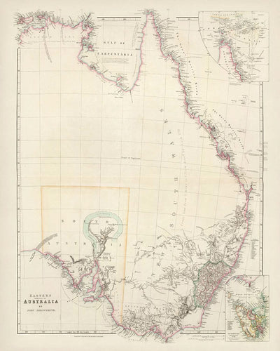 Alte Karte von Australien im Osten von Arrowsmith, 1844: Sydney, Adelaide, Hobart, Carpentaria, Tasmanien 