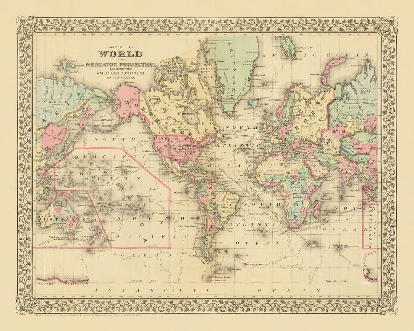 Old Mercator World Map Centered on America by Mitchell, 1882