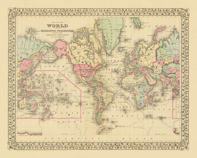 Old Mercator World Map Centered on America by Mitchell, 1882