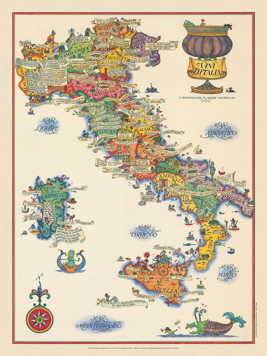 Mapa pictórico antiguo de Italia, 1976: Roma, Venecia, Mar Tirreno, regiones vinícolas, ilustraciones míticas