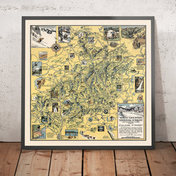 Ancienne carte picturale de la forêt nationale des White Mountains, 1930 : Mont Cannon, sentier des Appalaches, Franconia Notch, Mont Washington, Conway 