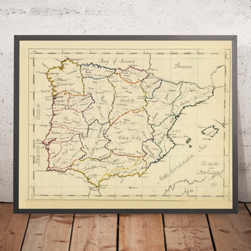 Old Manuscript Map of Spain and Portugal by Bowen, 1810: Madrid, Lisbon, Barcelona, Pyrenees, Strait of Gibraltar