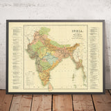 Grande ancienne carte ferroviaire de l'Inde par Judd, 1890 : Mumbai, Delhi, Kolkata, rivière Gange, Himalayas 