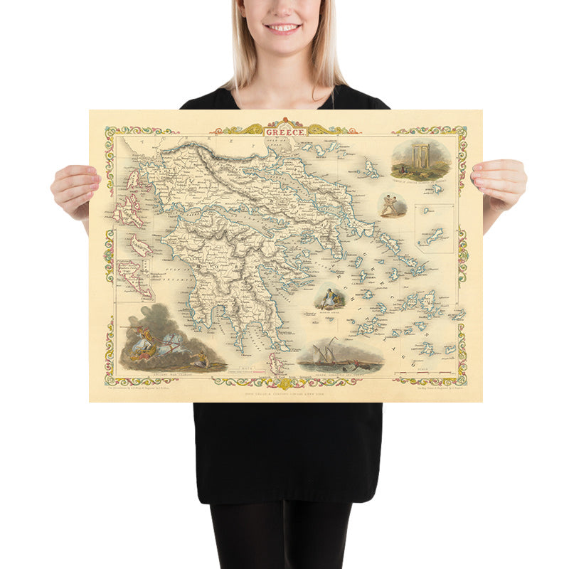 Vecchia mappa della Grecia e delle Isole Ioniche di Tallis, 1851: Atene, Monte Olimpo, Tempio di Giove, Egeo 
