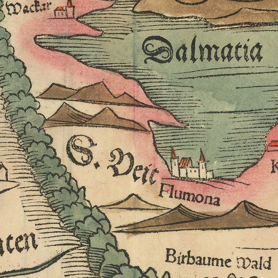 Antica mappa rara di Croazia e Slovenia di Münster, 1552: fiume Drava, costa adriatica, Zara, confini ottomani, montagne 