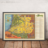 Carte picturale du sud-ouest de la France par Flornoy Jean, 1950 : Toulouse, Bordeaux, Pyrénées, fleuve Garonne, chemin de Saint-Jacques 