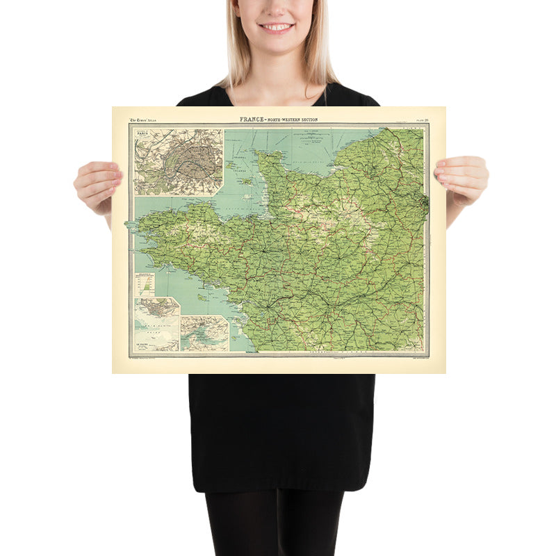 Old Map of North-Western France by Bartholomew, 1922: Paris, Nantes, Brittany, Normandy, Seine, Shipping Routes