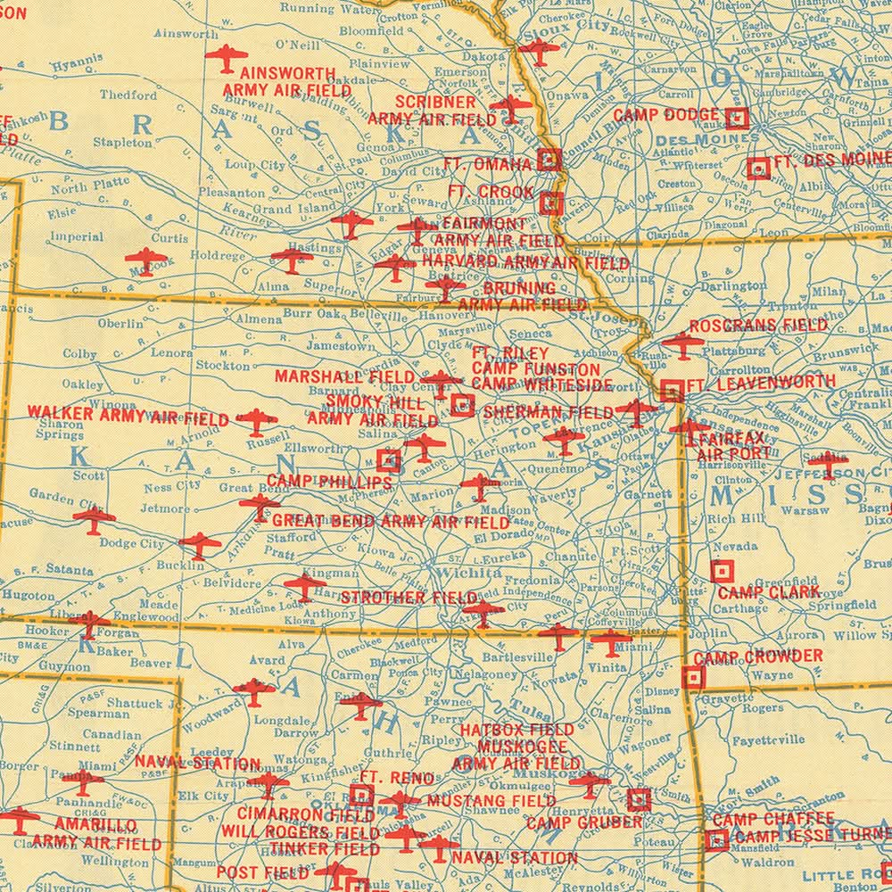 Mapa militar antiguo de Estados Unidos de Rand McNally, 1944: Nueva York, Los Ángeles, Chicago, aeródromos, bases navales