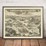Old Map of the Road into Rome by Halma, 1704: Aqueducts, Tiber Bridge, Arch, Fortress Walls, Temples