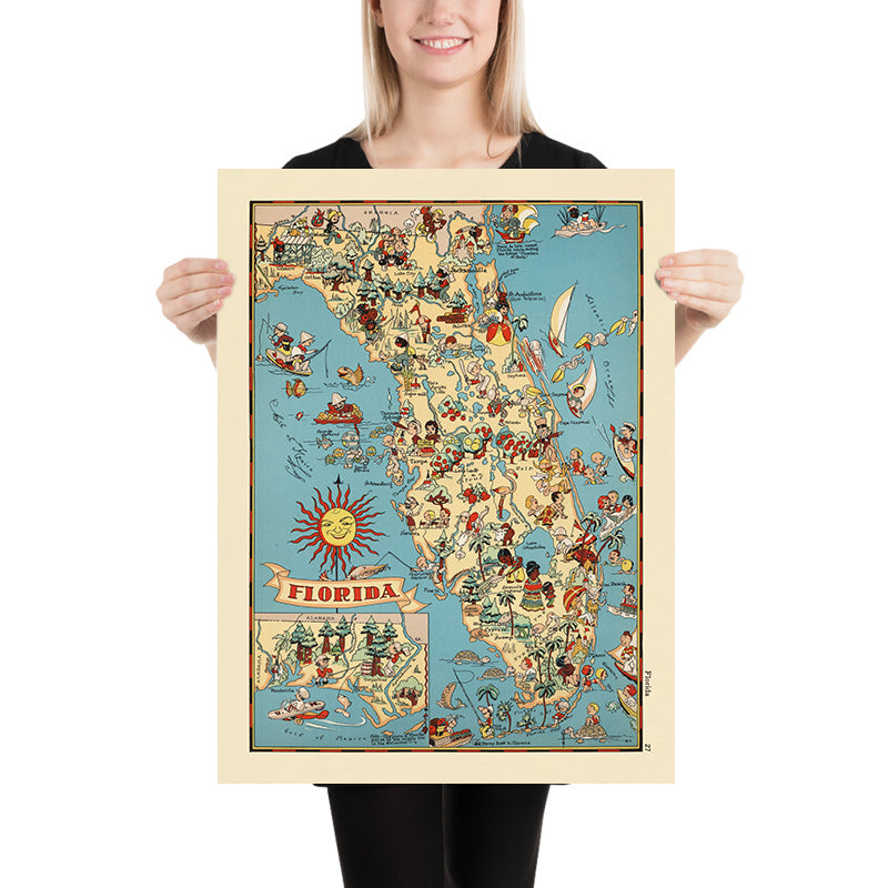 Pictorial Map of Florida by Ruth Taylor White, 1935: Everglades, Miami, Orlando, Keys, Citrus Groves