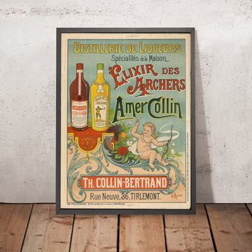 A framed image of Amer Collin Elixir des Archers Vintage Liqueur Poster by Auguste Morren, 1896