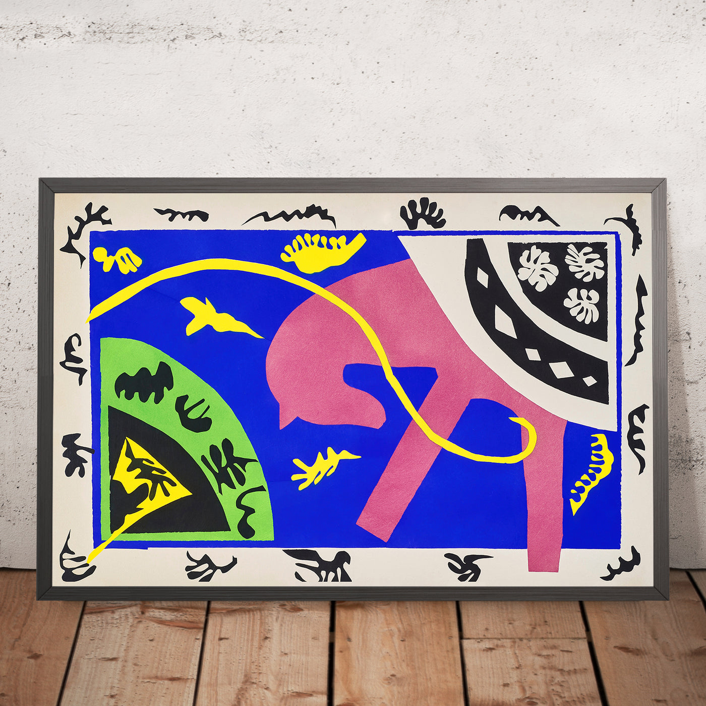 A framed image of Le cheval, le cavalier et le clown (The horse, the rider, and the clown) by Henri Matisse, 1947