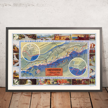 Antica mappa illustrata del Parco Nazionale di Shenandoah, Virginia, 1947: Skyline Drive, Old Rag, Hawksbill, Big Meadows, Skyland 