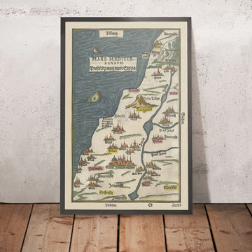 Vecchia mappa della Palestina di Bunting, 1592: Canaan, Israele, Gerusalemme, Gaza, fiume Giordano 