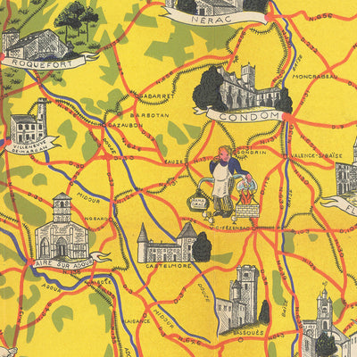 Pictorial Map of Southwestern France by Flornoy Jean, 1950: Toulouse, Bordeaux, Pyrenees, Garonne River, Way of St. James