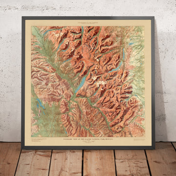 Antiguo mapa en relieve del Parque Nacional Glacier, Montana, 1914: Logan Pass, St. Mary L., L. McDonald, Many Glacier, Chief Mt 