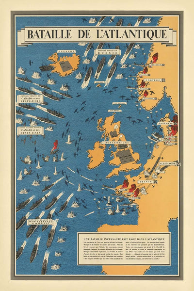 Mapa ilustrado antiguo de la batalla del Atlántico, de Blake, 1944: Reino Unido, submarinos, convoyes, Francia, Alemania