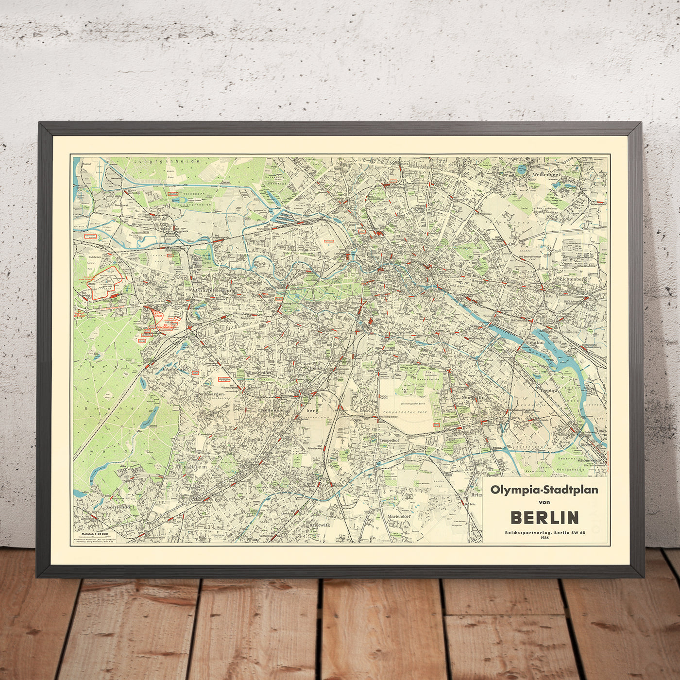 Large Old Summer Olympics Map of Berlin, 1936: Charlottenburg, Tiergarten, Olympic Stadium