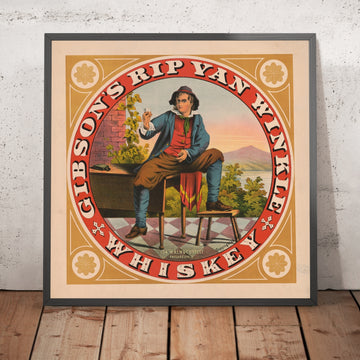 A framed image of Gibson’s Rip Van Winkle Vintage Whiskey Poster, 1882
