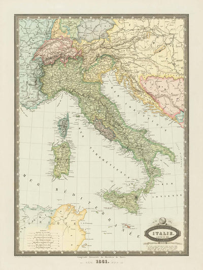 Old Map of Italy by Garnier, 1861: Unification, Rome, Milan, Venice, Alps, Po River