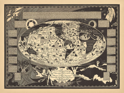 Mapa ilustrado antiguo de la historia de la navegación, realizado por Turpin en 1935: Siberia, Alaska, Europa, barcos famosos, monstruos marinos