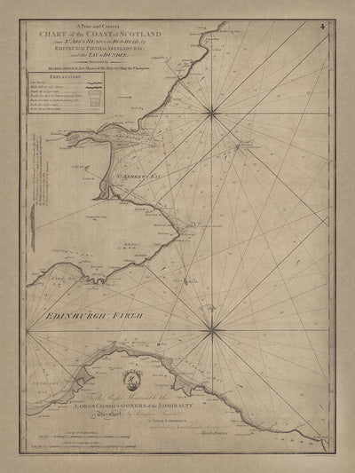 Old Edinburgh and Dundee Coast Nautical Chart by Downie, 1792: Edinburgh Firth, Tay River, St Andrew’s Bay