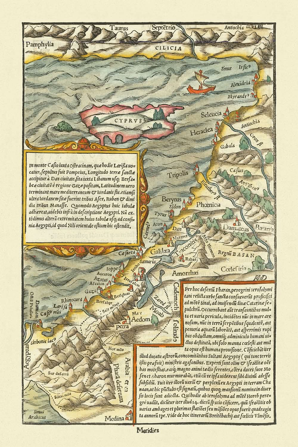 Ancienne carte de Chypre et de la Terre Sainte par Münster, 1554 : Jérusalem, mont Sinaï, Médine, voiliers, monts Taurus.