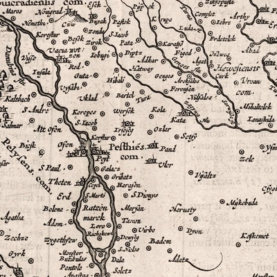 Mapa antiguo de Hungría de Speed, 1626: Buda, Pest, Cluj, ríos, montañas