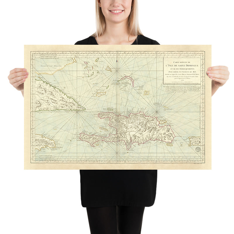 Old Nautical Map of the Caribbean, 1750: Santo Domingo, Haiti, Jamaica, Puerto Rico, Turks & Caicos