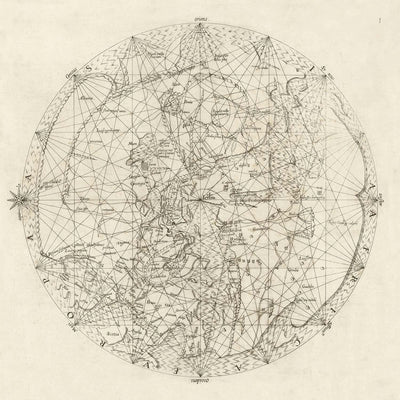 Carte du monde antique de Jérusalem par Vesconte, 1611 : Mappa Mundi médiévale, style portulan, rose des vents