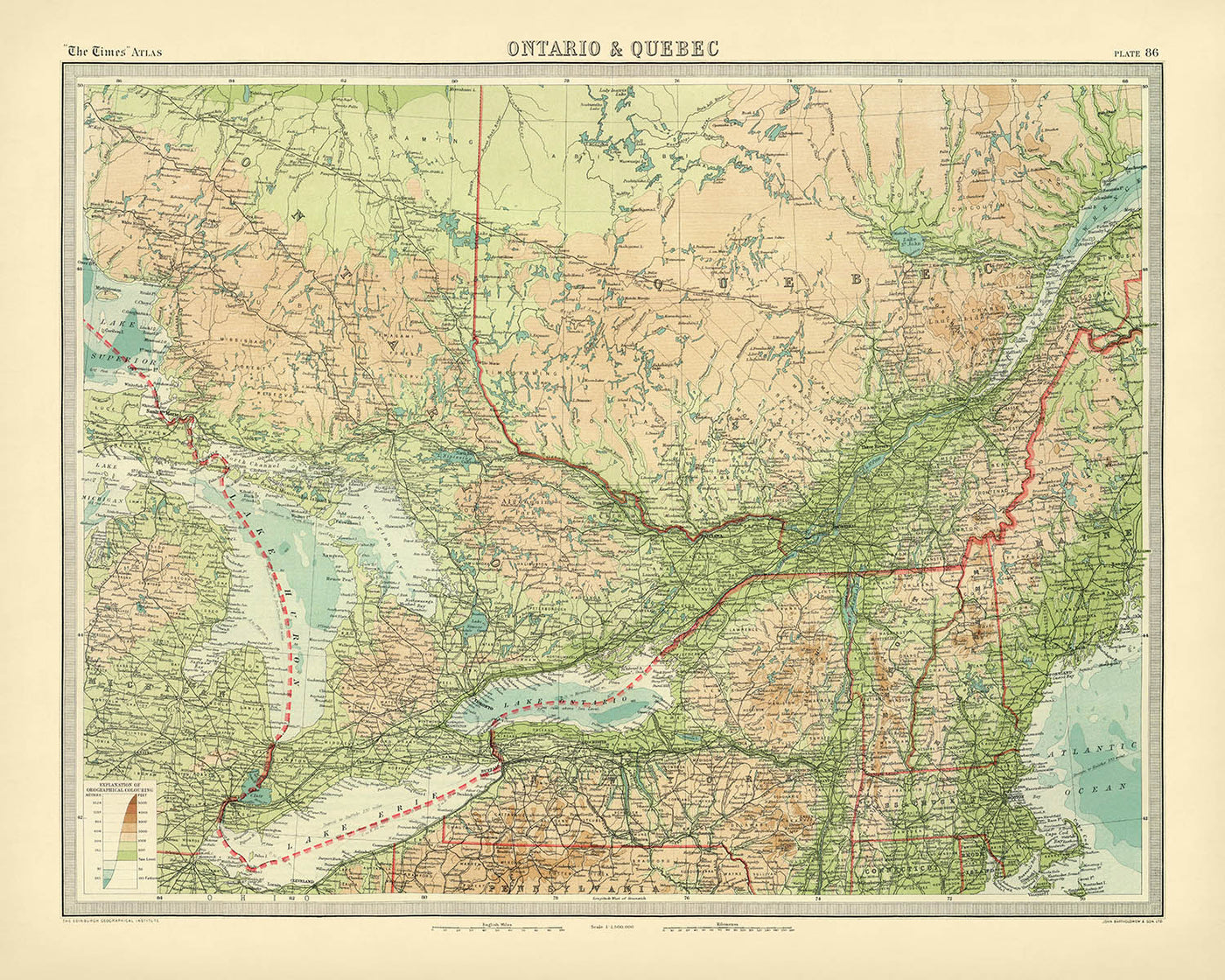Old Map of Ontario & Quebec by Bartholomew, 1922 Toronto, Montreal, St. Lawrence River, Great Lakes