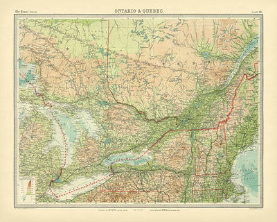 Old Map of Ontario & Quebec by Bartholomew, 1922 Toronto, Montreal, St. Lawrence River, Great Lakes