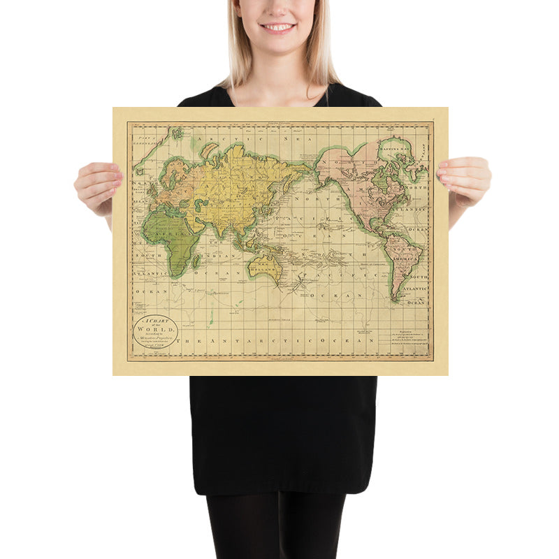Old Mercator World Map Showing Discoveries of Capt. Cook by Carey, 1814: Pacific Centred