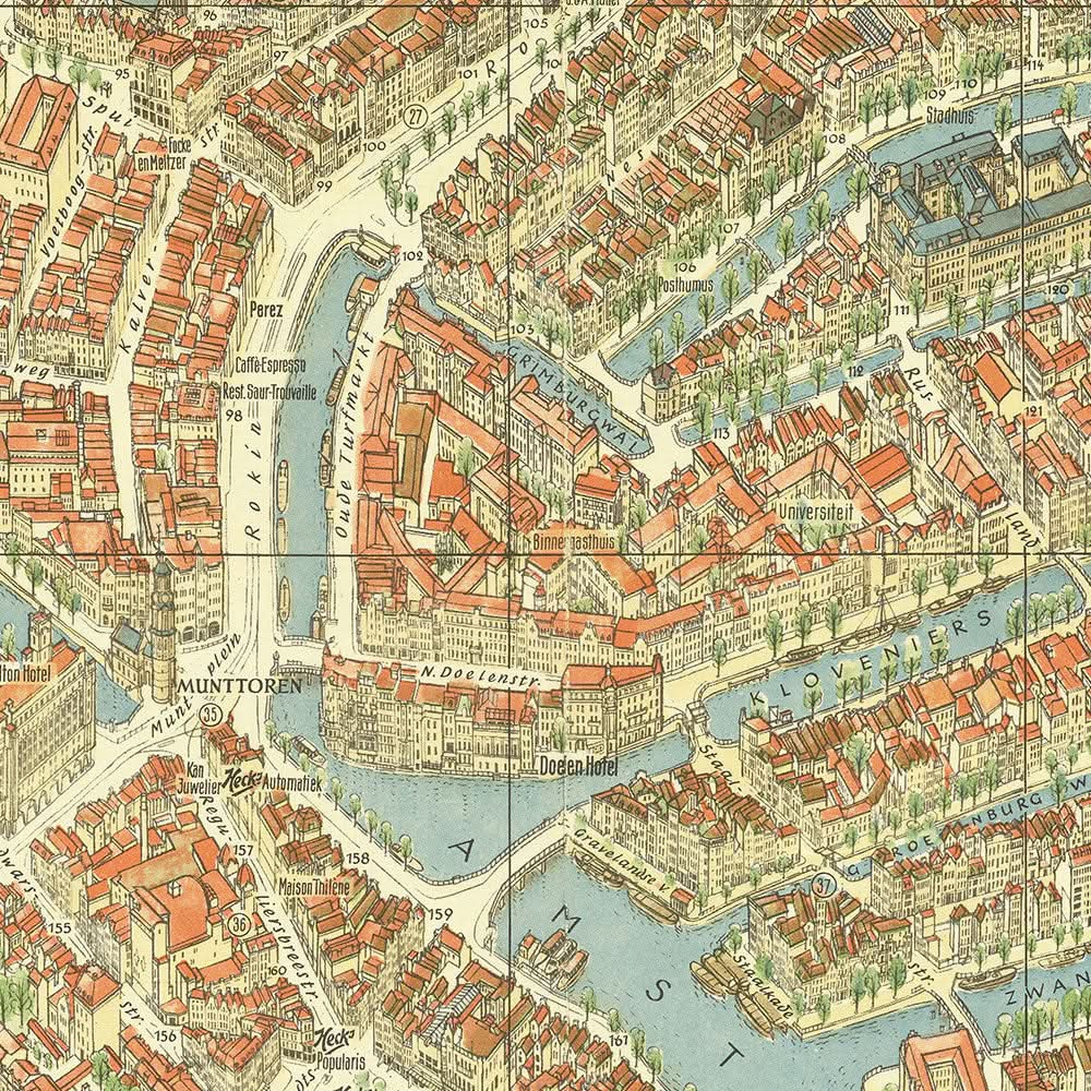 Ancienne carte à vol d'oiseau d'Amsterdam par Bollmann, 1971 : gare centrale, Jordaan, Vondelpark, canaux, églises