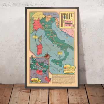 Mappa antica di "Italia - il Nuovo Impero" di Sundberg, 1939: WW2, Mussolini, Vs. Impero Romano 