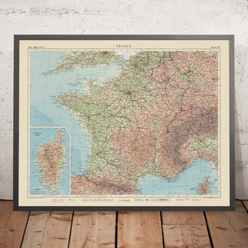 Old Topographical Map of France by Bartholomew, 1955: Paris, Alps, Pyrenees, Rhône, Corsica