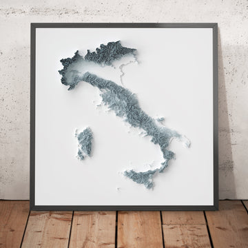 Ein gerahmtes Bild einer topografischen Reliefkarte Italiens im 3D-Stil