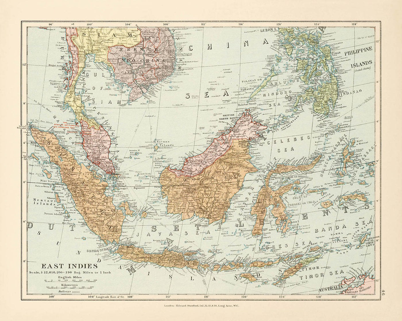 Old Map of the East Indies by Stanford, 1926: Indonesia, Malaysia, Philippines, Railways