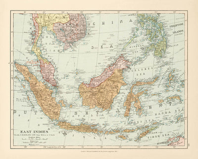 Old Map of the East Indies by Stanford, 1926: Indonesia, Malaysia, Philippines, Railways