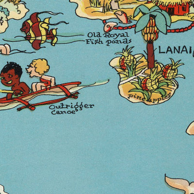 Pictorial Map of Hawaii by Ruth Taylor White, 1935: Honolulu, Hilo, Volcanoes, Plantations, Surfing