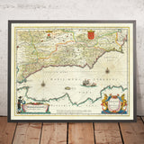 Ancienne carte du sud de l'Espagne par Blaeu, 1640 : Grenade, Murcie, Malaga, bataille navale 