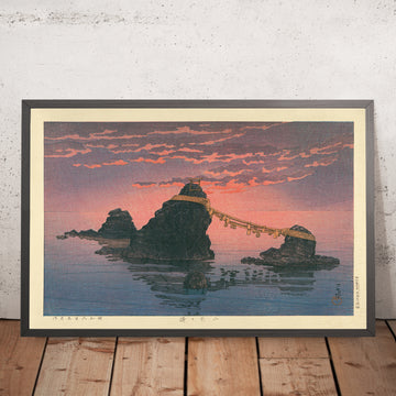 Ein gerahmtes Bild von Futamigaura Sea and Rocks von Hasui Kawase, 1935