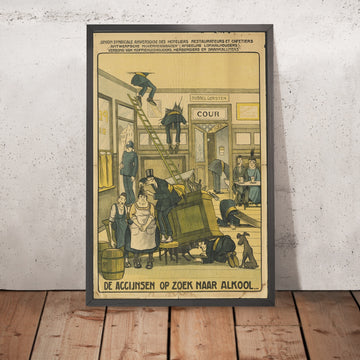 A framed image of The Excise Officers in Search of Alcohol Vintage Satirical Poster, 1919